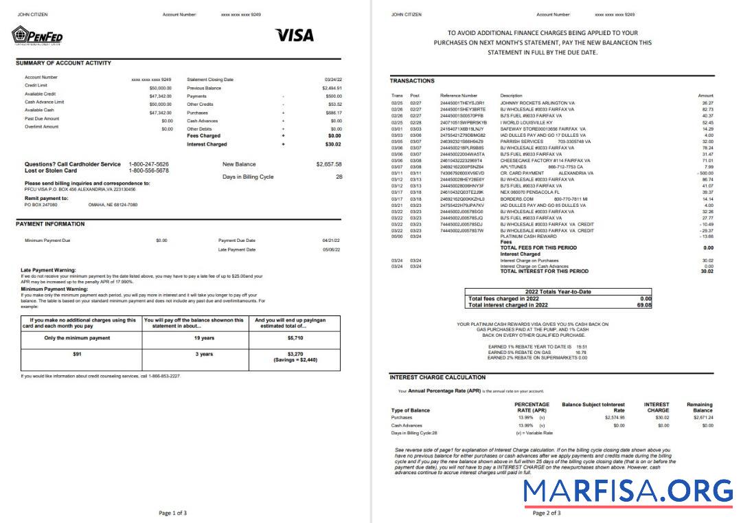 США Pentagon Federal Кредит союз (PenFed) Банковский Выписка из банка Word 3 pages дизайн