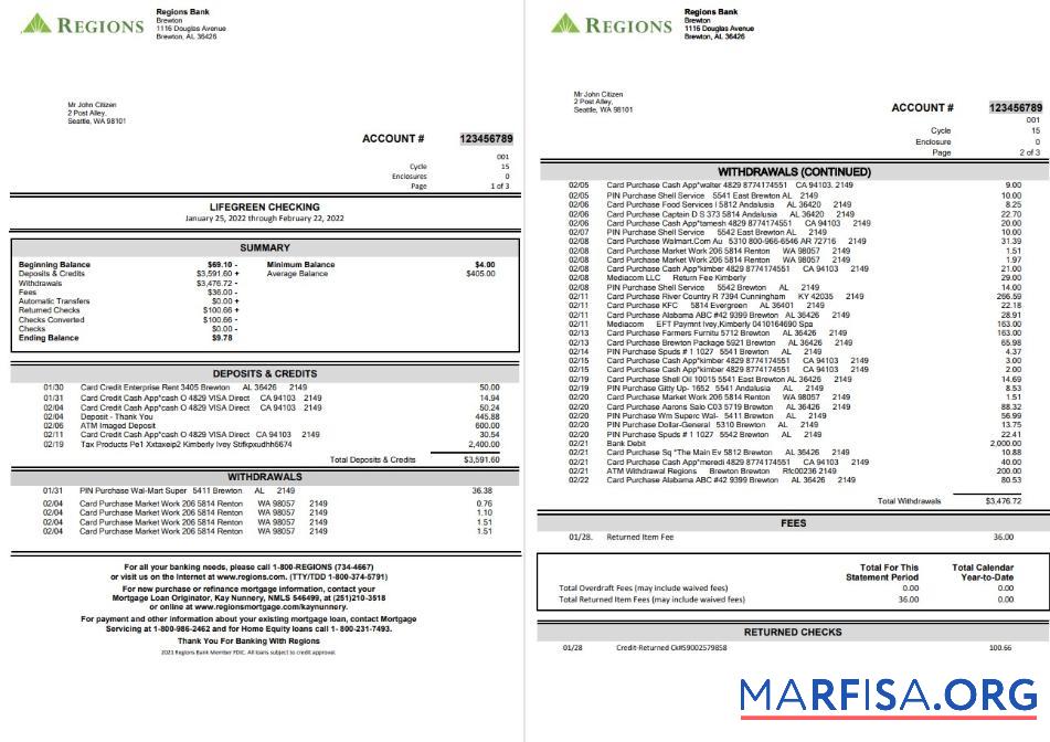 США Regions Банковский Выписка из банка Word 4 pages шаблон