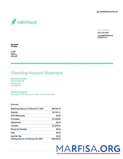 США Robinhood Banking┬áАккаунт Выписка из банка Word предпросмотр