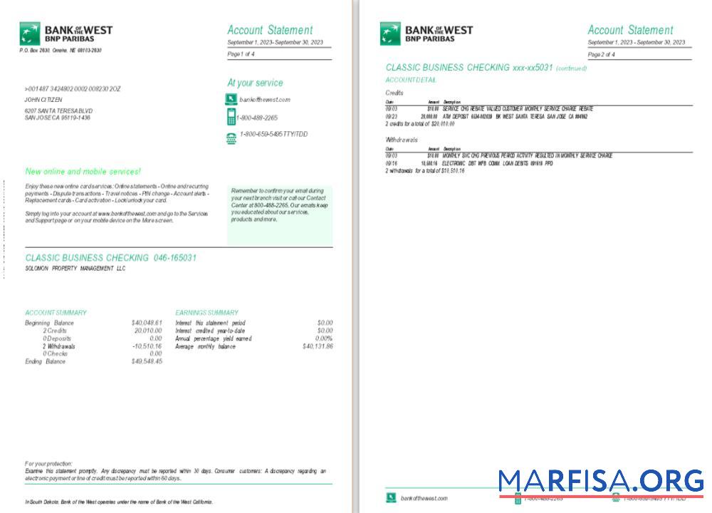 США South Dakota Банковский of the West BNP Paribas Банковский Выписка из банка Word 4 pages 1 2 предпросмотр
