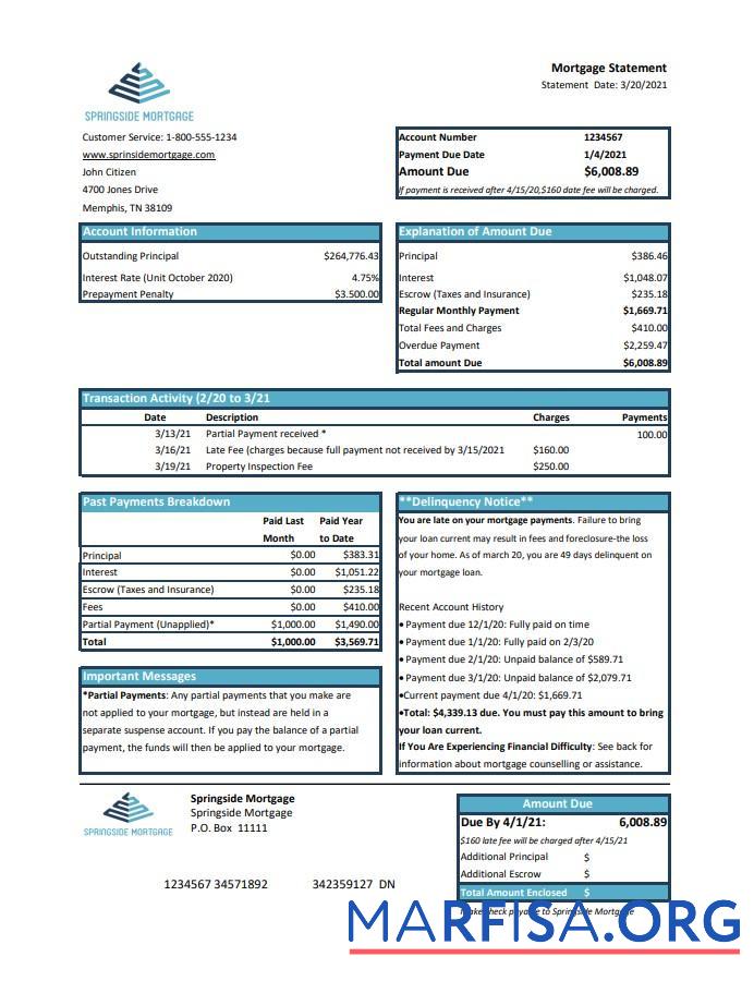 США Springside Ипотека Банковский Выписка из банка Excel образец