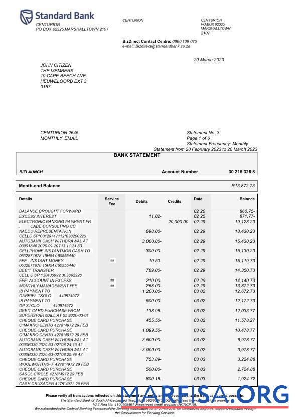 США стандартный Банковский Выписка из банка Word 6 pages предпросмотр