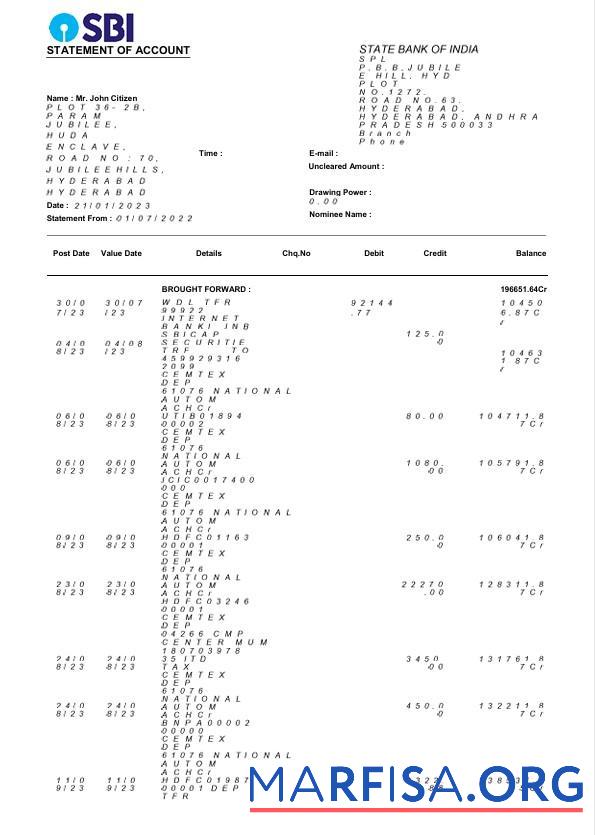 США State Банковский of Индия Банковский Выписка из банка Word 3 pages образец