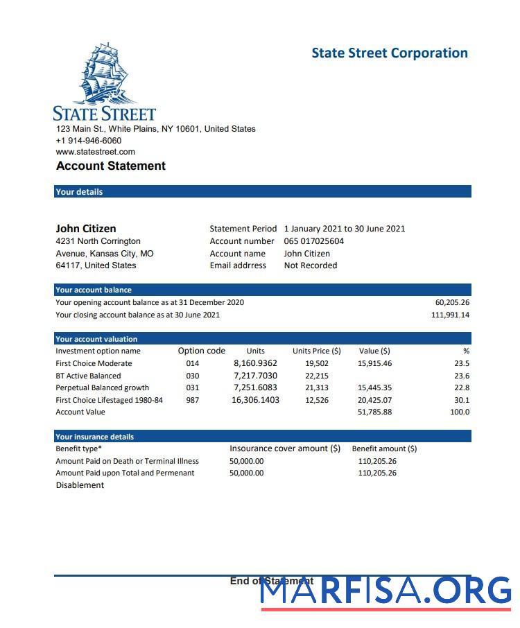 США State Street Corporation Банковский Выписка из банка Excel макет