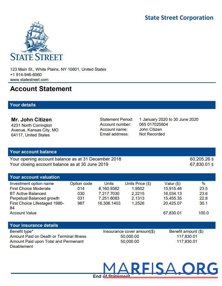 США State Street Corporation Банковский Выписка из банка Word дизайн