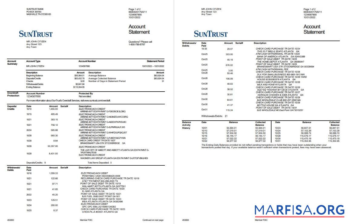 США SunTrust Банковский Выписка из банка 2 pages Word предпросмотр