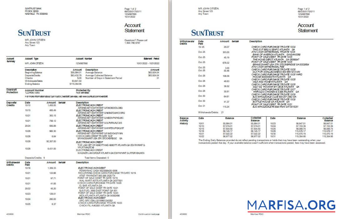США SunTrust Банковский Выписка из банка Word 2 pages макет