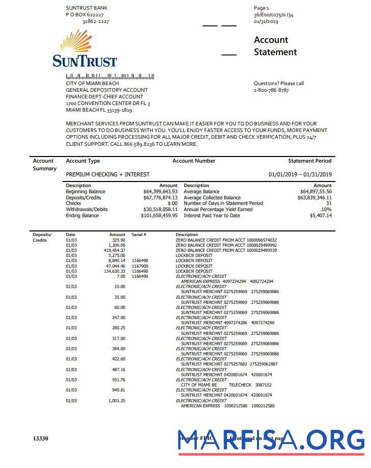 США SunTrust Банковский Выписка из банка Word шаблон