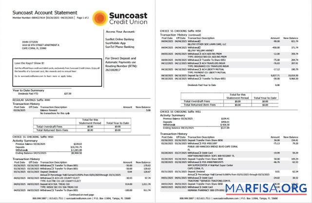 США Suncoast Банковский Аккаунт Выписка из банка Word 2 pages шаблон