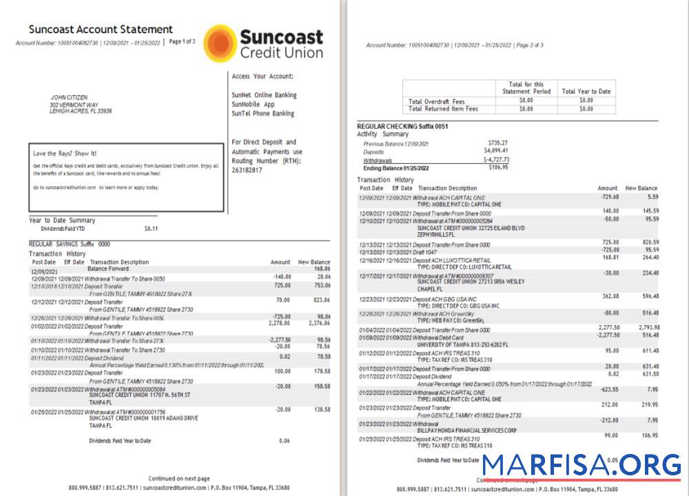 США Suncoast Банковский Выписка из банка Word 1 2 pages шаблон