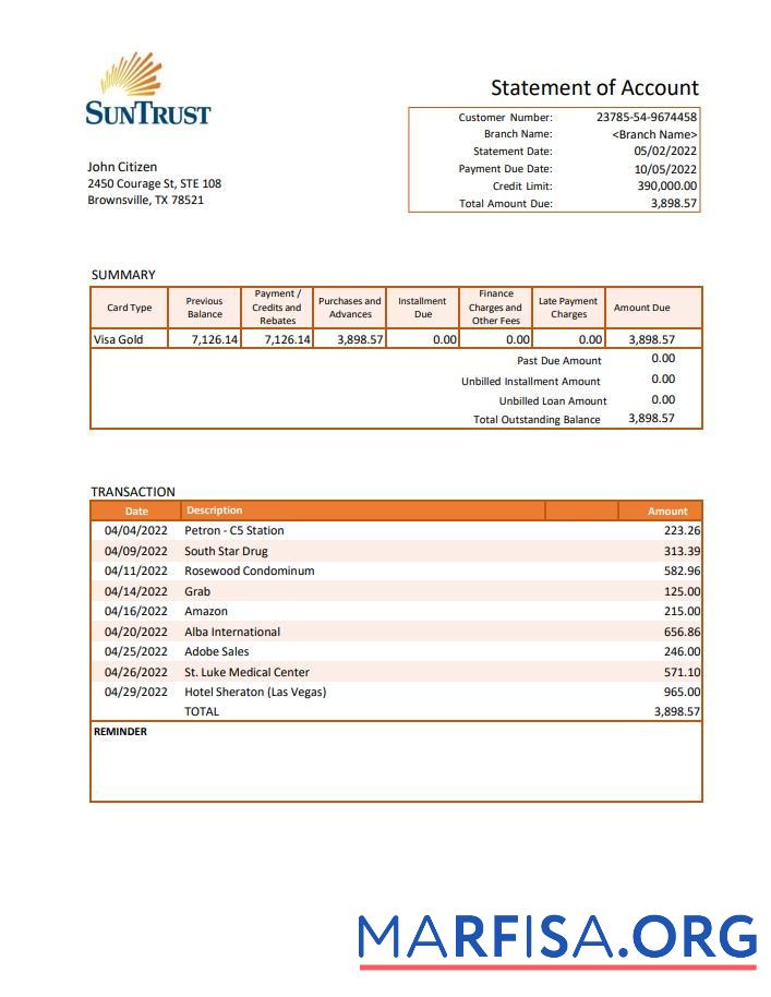 США Suntrust Банковский Выписка из банка Версия 2 дизайн