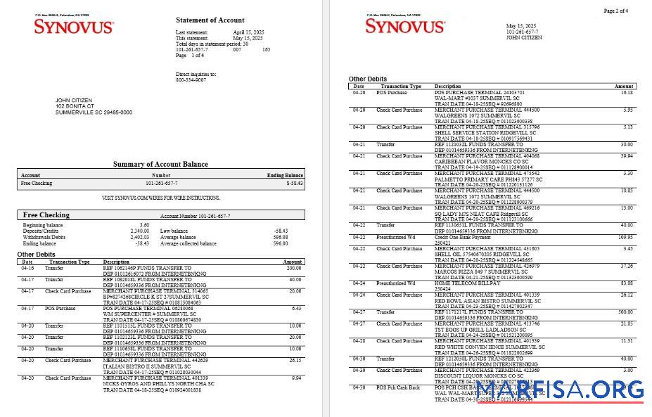 США Synovusbank Выписка из банка Word 4 pages предпросмотр