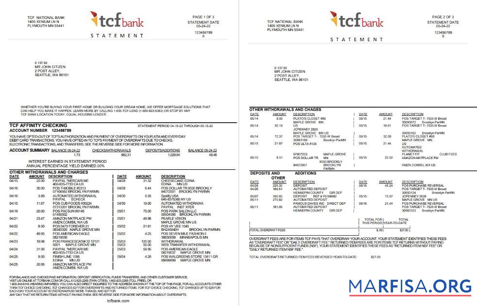 США TCF Банковский Выписка из банка Word 3 pages шаблон