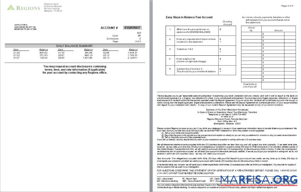 США Tennesse Regions Банковский Выписка из банка Word 4 pages, Версия 2, 3 4 scr образец