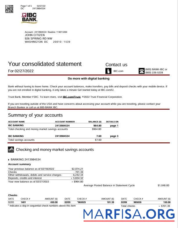 США Texas IBC Банковский Выписка из банка Word 5 pages предпросмотр