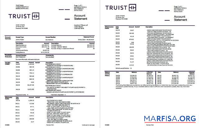 США Truist Банковский┬áАккаунт Выписка из банка┬áWord 2 pages предпросмотр