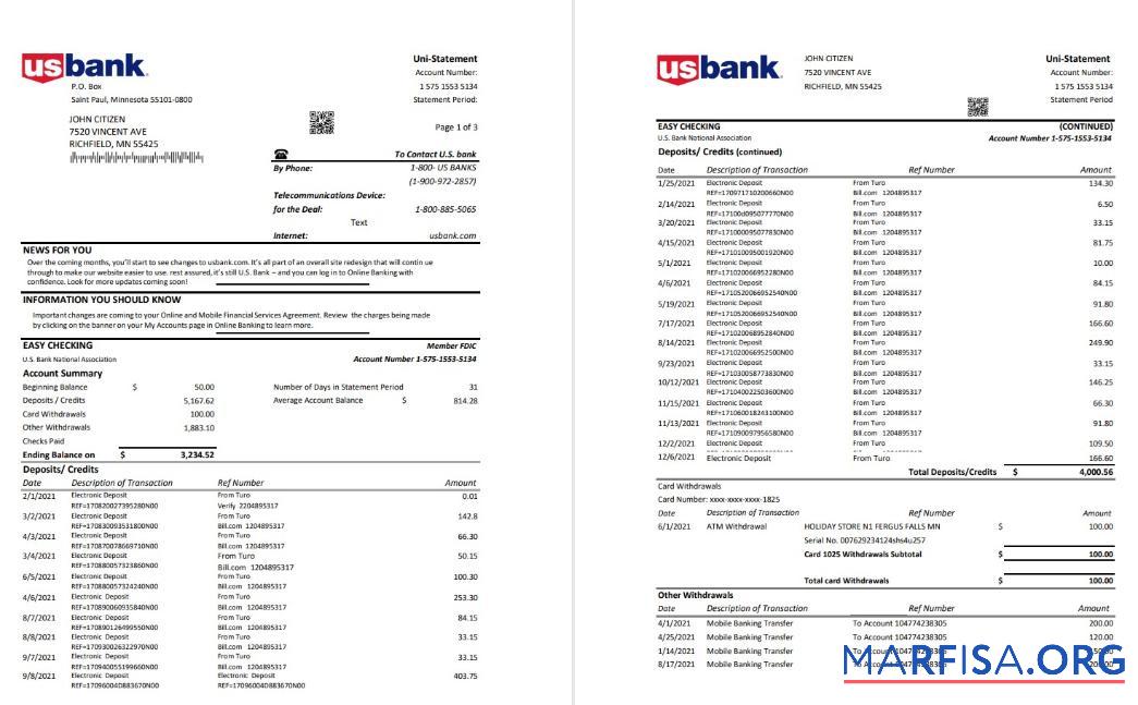 США U.S. Банковский Выписка из банка Word (3 pages) дизайн