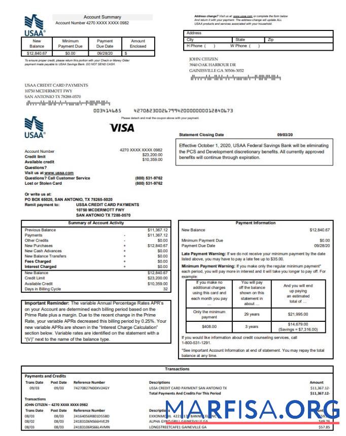США USAA Банковский Кредит Карта Выписка из банка Word дизайн