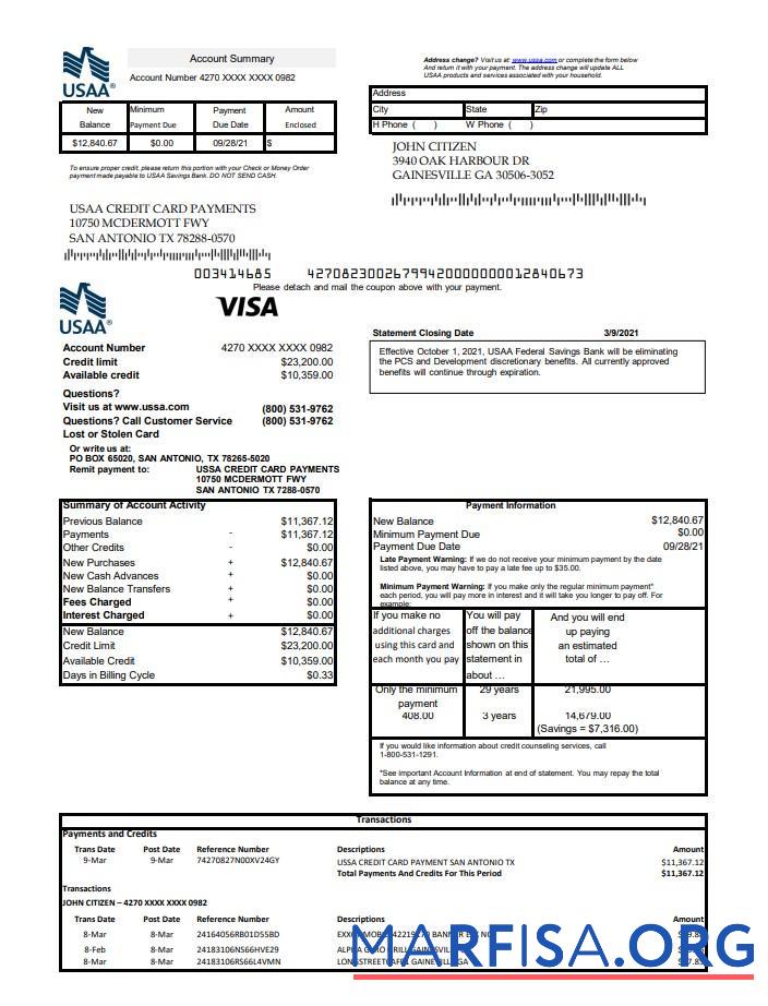 США USAA Банковский Кредит Карта Excel дизайн
