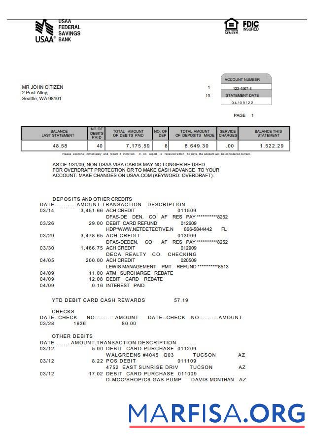 США USAA Банковский Выписка из банка Word 5 pages дизайн