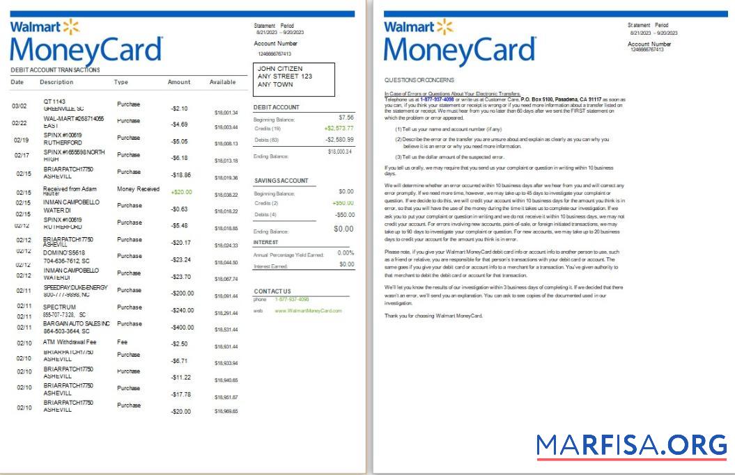 США Walmart MoneyCard Банковский Выписка из банка Word 2 pages дизайн