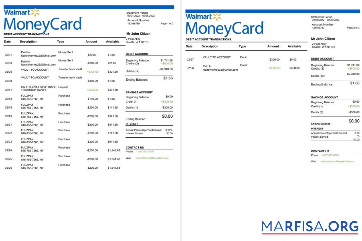 США Walmart MoneyCard Банковский Выписка из банка Word 3 pages образец