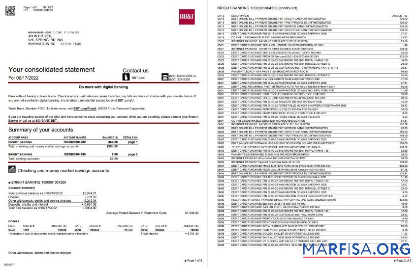 США Washington BB&T Банковский Выписка из банка Word 5 pages предпросмотр