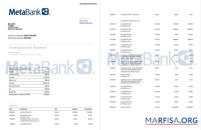 США Washington Metabank Аккаунт Выписка из банка┬áWord 2 pages шаблон