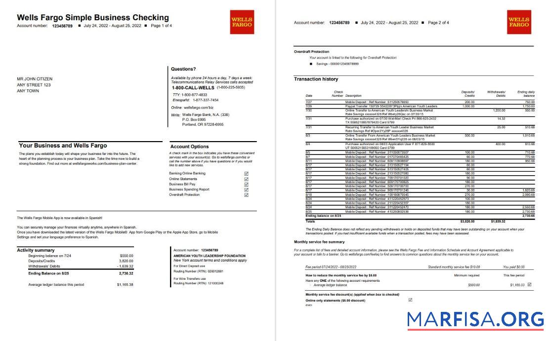 США Wells Fargo Банковский простой Бизнес checking Банковский Выписка из банка Word 4 pages макет