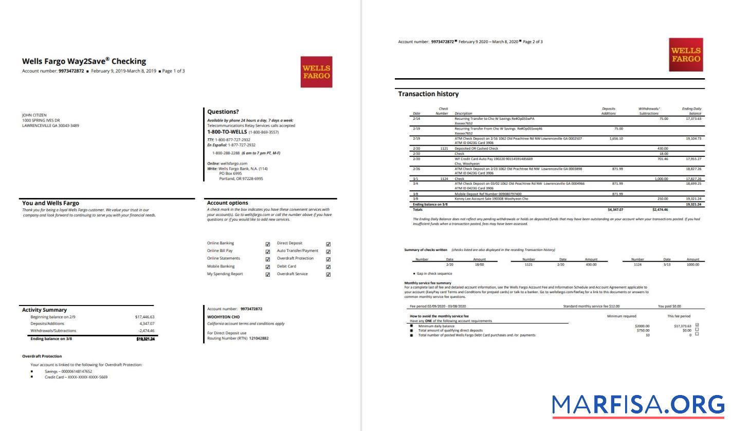 США Wells Fargo Банковский Выписка из банка Word 3 pages предпросмотр