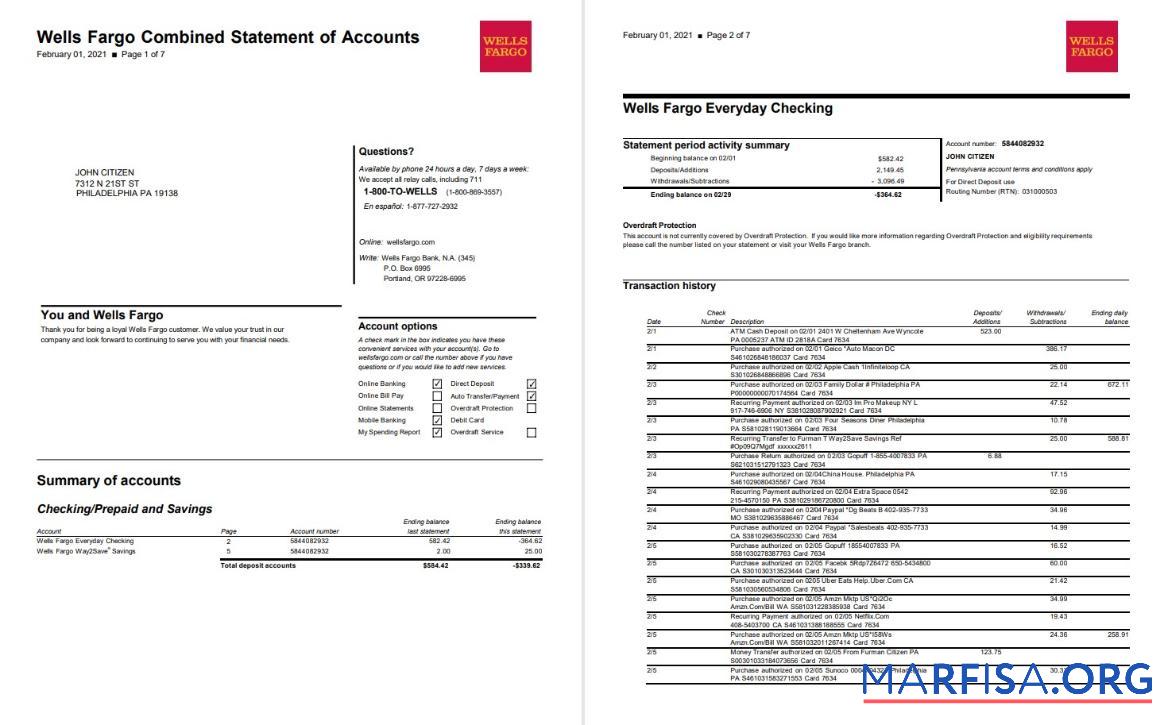 США Wells Fargo Банковский Выписка из банка Word 7 pages дизайн