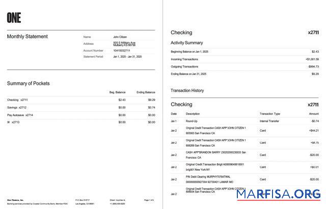 США┬áOne Финансы, Inc. Банковский Выписка из банка Word 2 pages макет