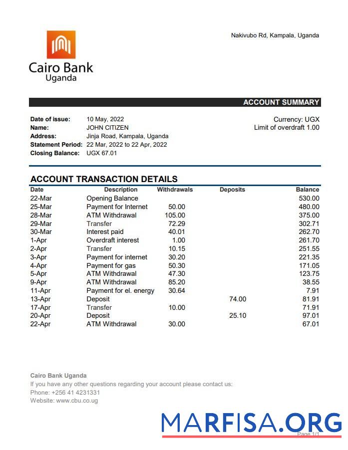Уганда Cairo Банковский Выписка из банка Excel образец