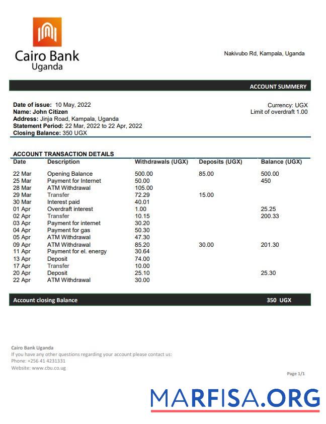 Уганда Cairo Банковский Выписка из банка Word дизайн