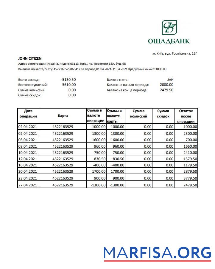 Украина Oshadbankbank Выписка из банка Excel образец