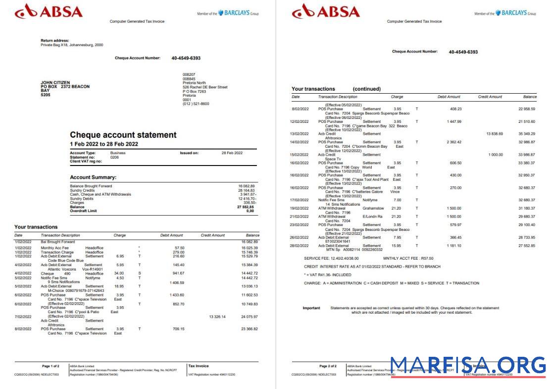 Великобритания Absa Банковский Выписка из банка Word 2 pages дизайн