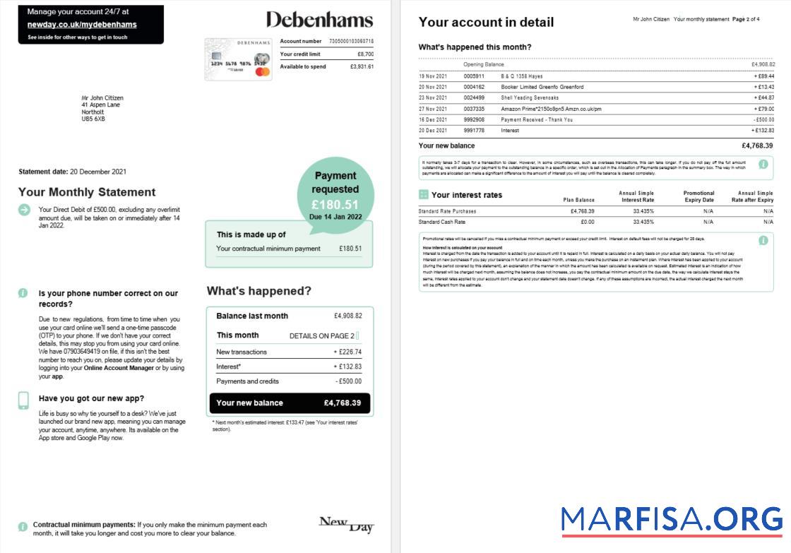 Великобритания Debenhams Карта monthly Выписка из банка Word 4 pages 1 2 предпросмотр