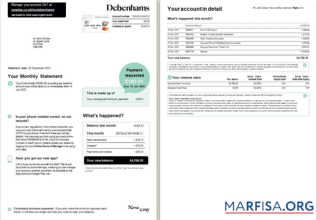 Великобритания Debenhams Карта monthly Выписка из банка Word 4 pages предпросмотр