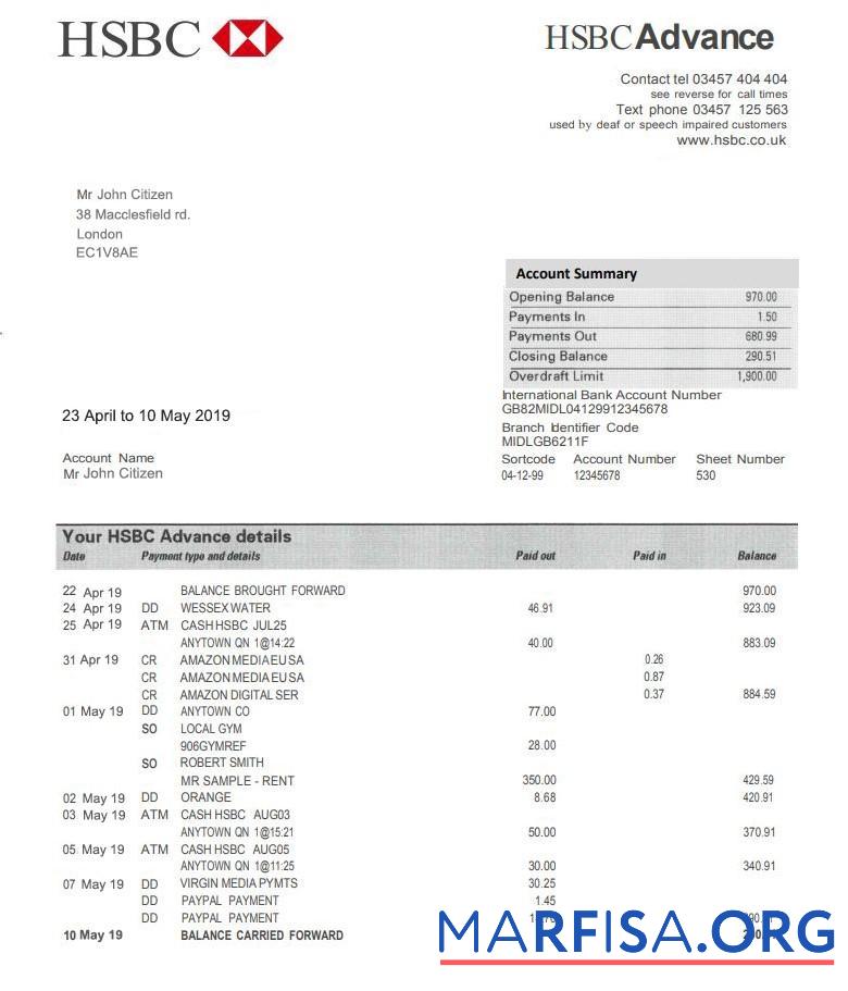 Великобритания HSBC Банковский proof of address Выписка из банка Word предпросмотр