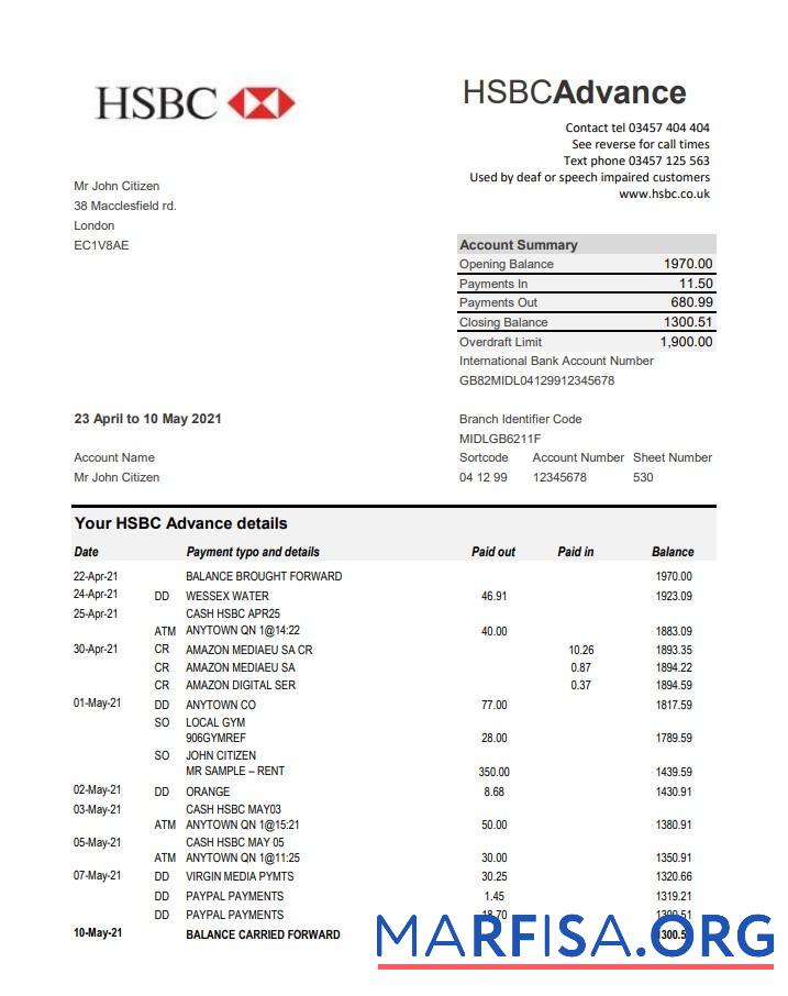 Великобритания HSBC Банковский Выписка из банка Excel шаблон