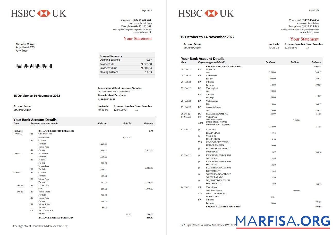 Великобритания HSBC Банковский Выписка из банка Word 5 pages образец