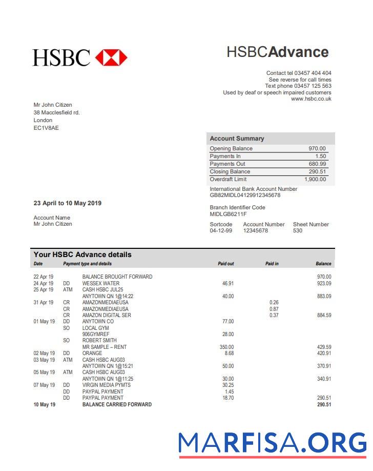 Великобритания HSBC Банковский Выписка из банка Word предпросмотр