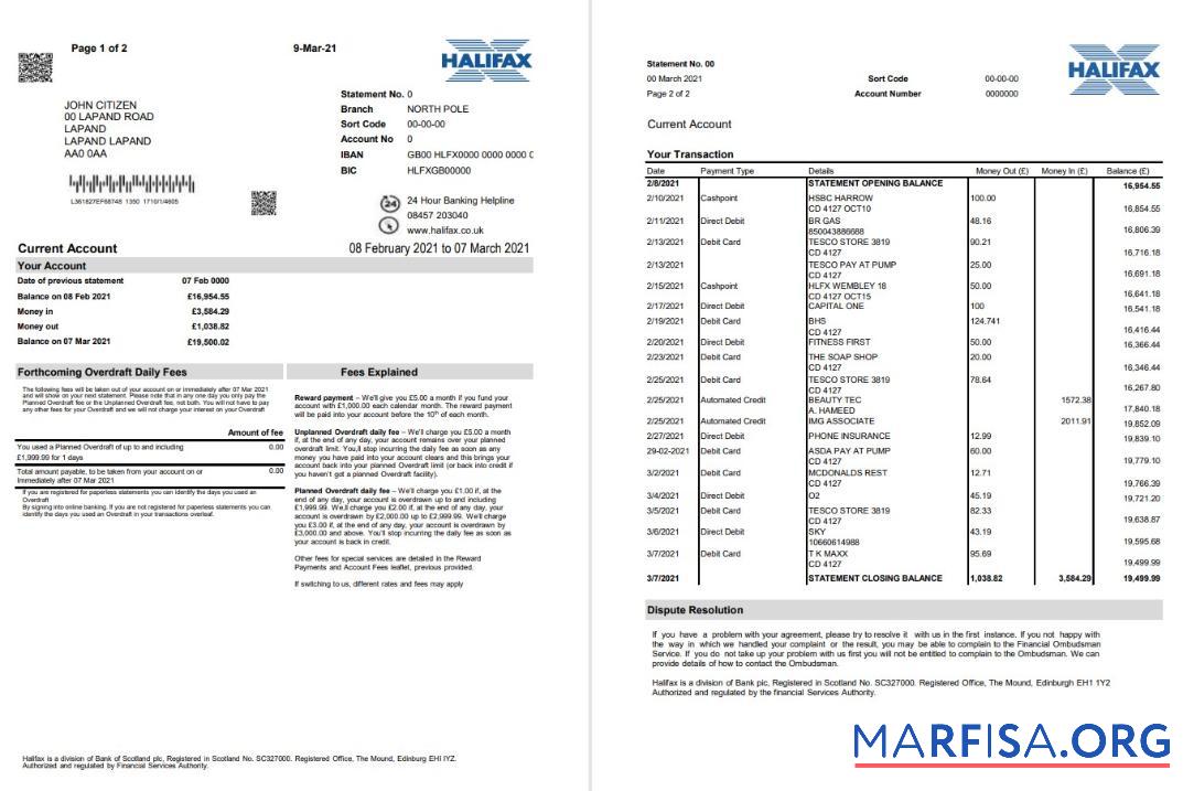 Великобритания Halifax Банковский proof of address Выписка из банка excelt (2 pages) предпросмотр