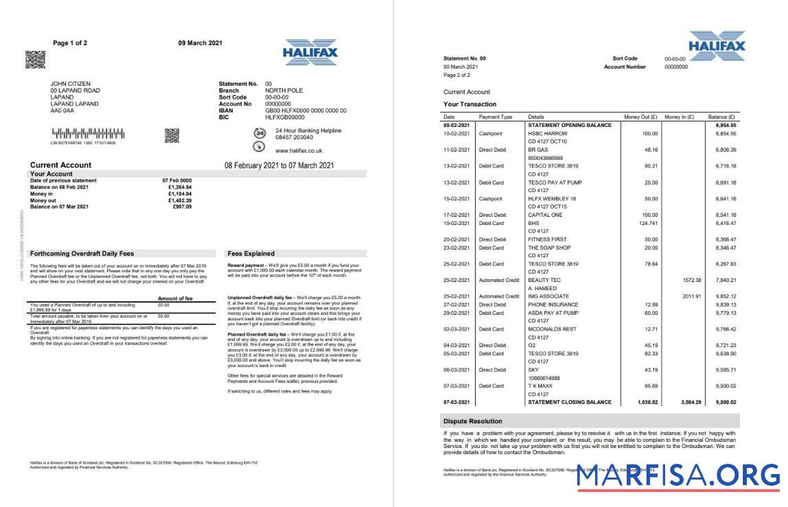 Великобритания Halifax Банковский proof of address Выписка из банка Word (2 pages) шаблон