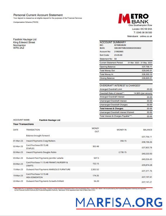 Великобритания Metro Банковский Выписка из банка Excel 4 pages макет