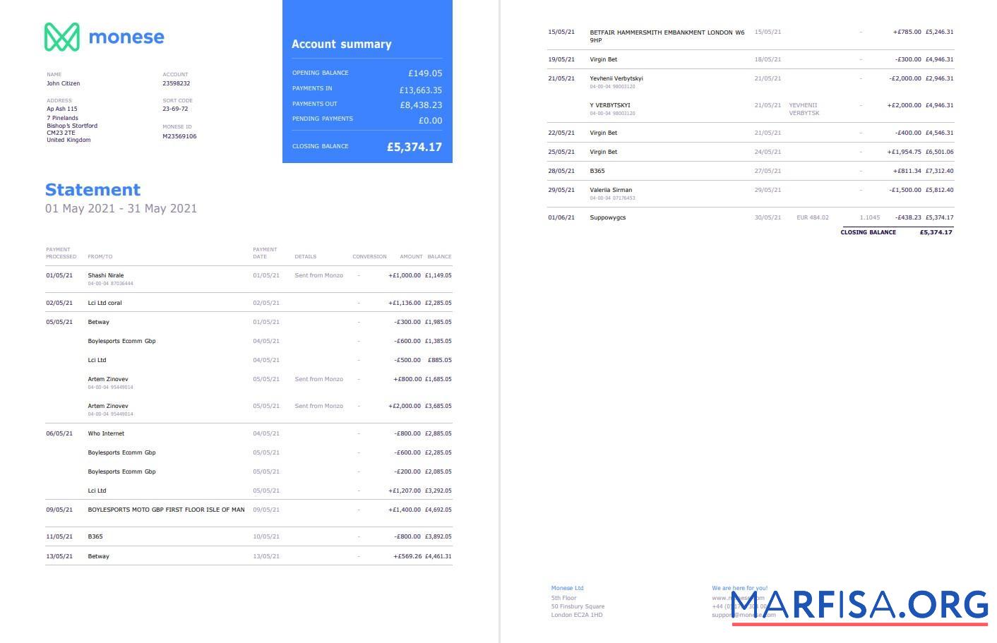 Великобритания Monese Банковский Выписка из банка Word 2 pages макет