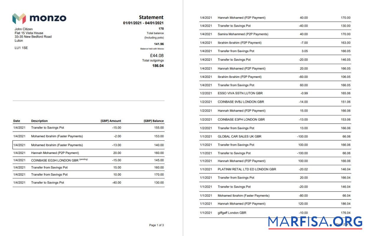 Великобритания Monzo Банковский Выписка из банка Excel (3 pages) дизайн
