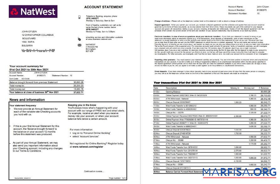 Великобритания NatWest Банковский Аккаунт Выписка из банка Excel 2 pages макет