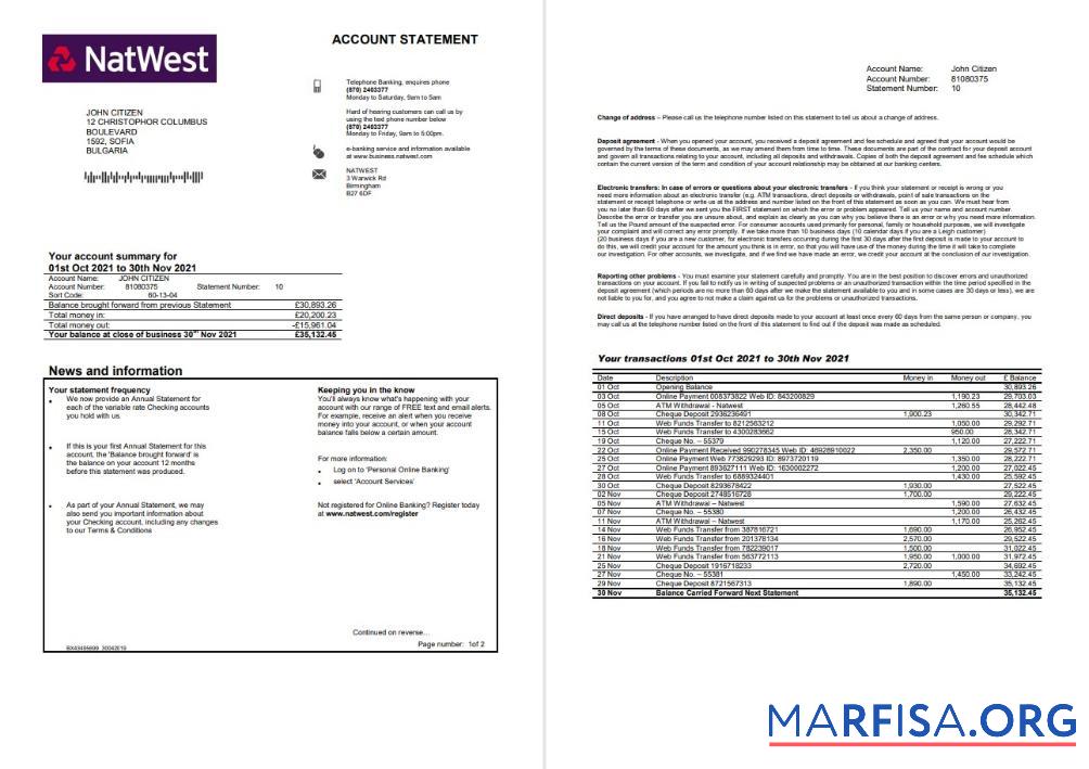 Великобритания NatWest Банковский Аккаунт Выписка из банка Word 2 pages предпросмотр