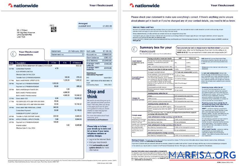 Великобритания Nationwide Банковский Выписка из банка current Версия Word 2 pages шаблон